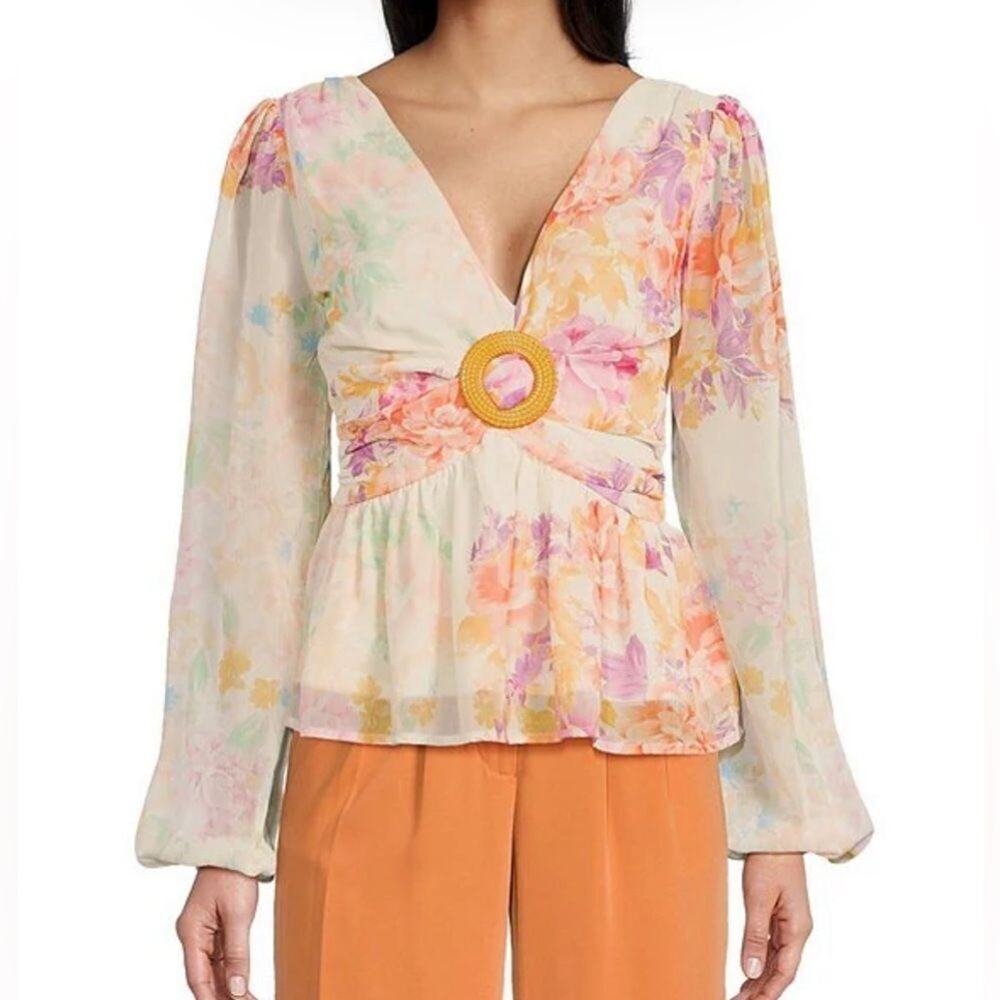 Evolutionary Floral Print V-Neck Long Sleeve Ring Top Size M
